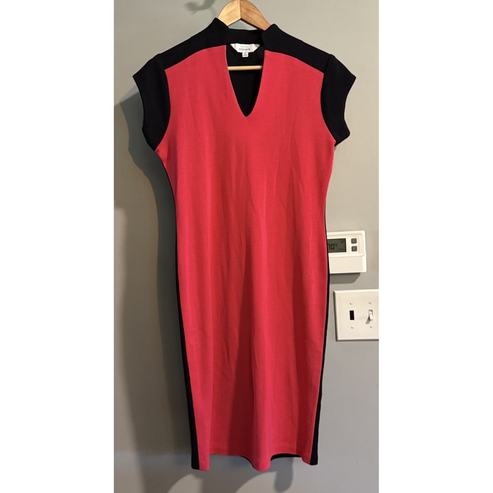Exclusively Misook Dress Women's Size M Red Black Mock Neck Short Sleeve Classic